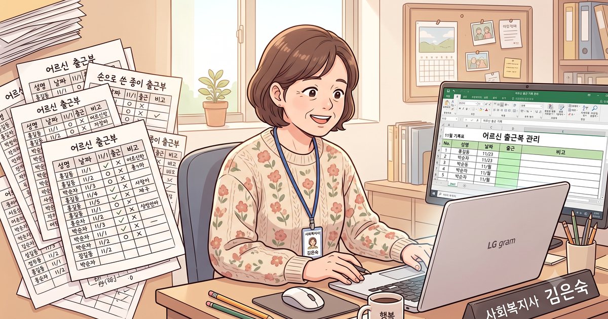 책상 왼쪽에 손으로 쓴 종이 출근부가 쌓여 있고 오른쪽 노트북에는 정리된 출근 기록표가 떠 있는 모습